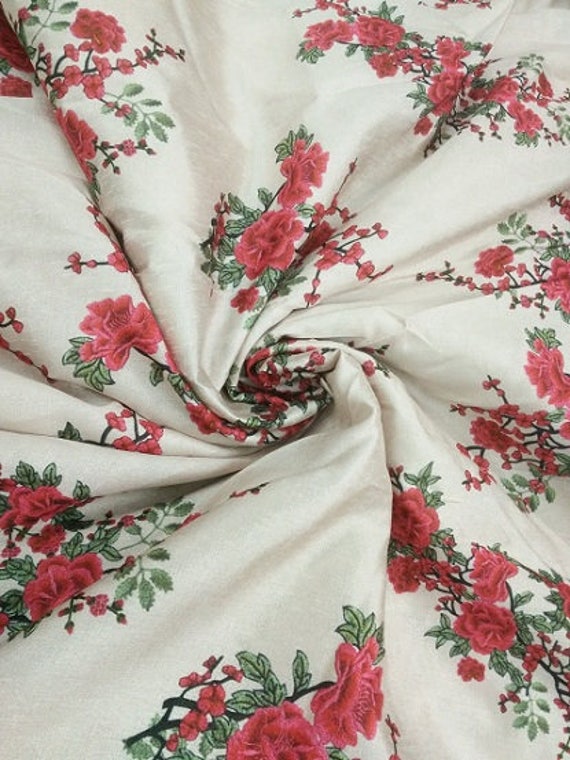 Beautiful Printed Raw Silk Floral Fabric By Yard