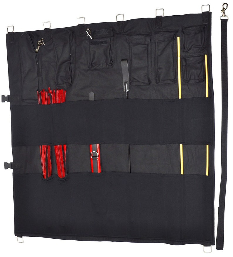 BDSM equipment tool kit bag. Kink storage for floggers, canes, crops, paddles, collar, rope, cuffs, nipple clamps. Transport fetish gear Dom 