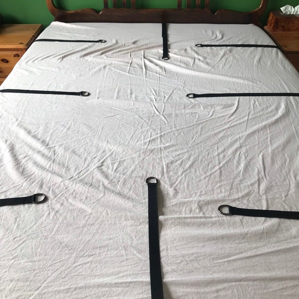 Below mattress bondage 8 points for restraint. Made to your bed size. Double, king, super king, queen, california king under bed strap.
