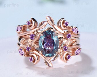 Nature Inspired alexandrite wedding ring set cluster amethyst color changing twig vine engagement ring  vintage unique leaf ring set for her