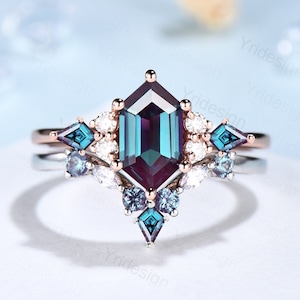 Vintage Hexagon Alexandrite Ring Set, Kite Accent, Rose Gold Anniversary