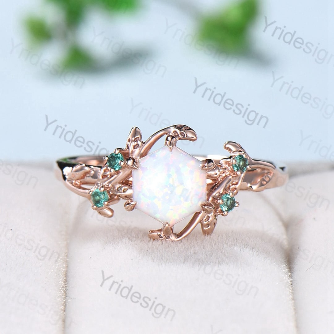 Elegant Hexagon Opal Ring Leaf Engagement Ring Vintage Unique - Etsy