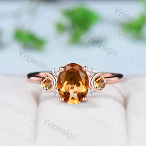 Vintage Moon Citrine Engagement Ring Unique Nature Inspired November Birthstone Anniversary Ring Magic Crescent Moon Healing Gem Jewelry