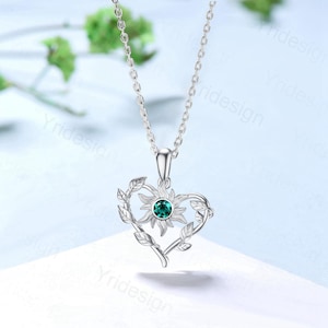 Unique Nature Inspired Emerald Necklace Elegant Sunflower May Birthstone Necklace Pendant Leaf Vine Anniversary Gift Art Deco Silver Pendant