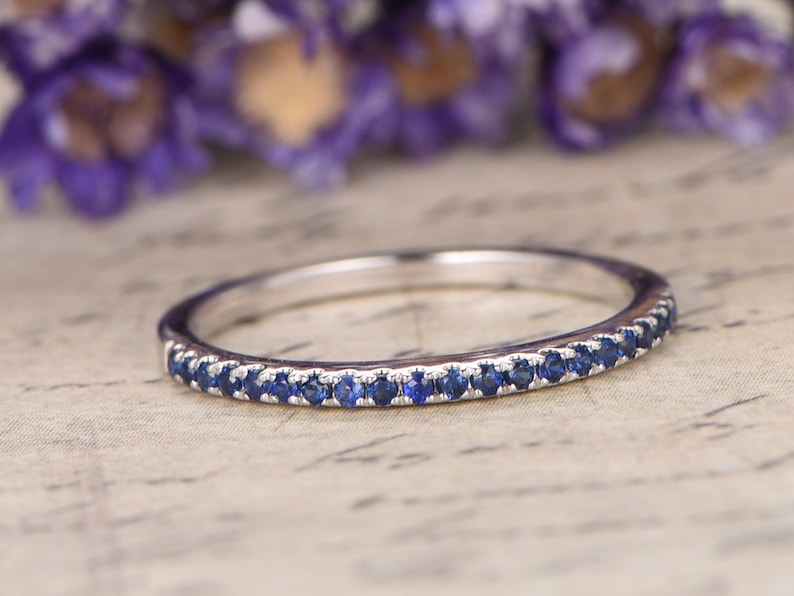14K White Gold Blue Sapphire Wedding Bands women,Half Eternity Engagement Ring,MIcro Pave set,promise Band Thin Wedding Band,Stackable Ring