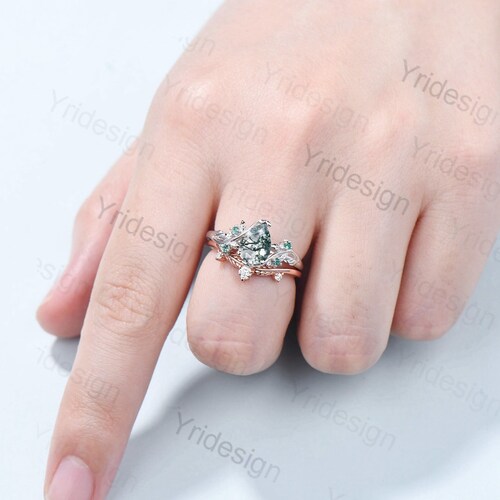 Pear Shaped Moss Agate Engagement Ring Set Natural Inspired Branch Twig shops Emerald Wedding Set Women Unique Leaf green crystal promise ring