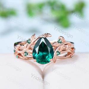 Nature Inspired pear emerald engagement ring set cluster green crystal wedding set vintage unique green stone Leaf bridal ring set for women