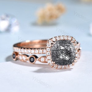 Antique cushion black rutilated quartz ring set women Halo diamonds Rutile engagement ring set Vintage Bridal set anniversary promise ring