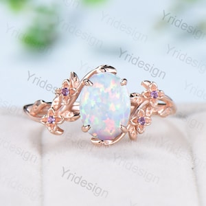 Natur inspiriert Blumen Opal Verlobungsring Zweig Zweig Blume Opal Amethyst Ehering für Frauen einzigartigen Oktober Geburtsstein Brautring