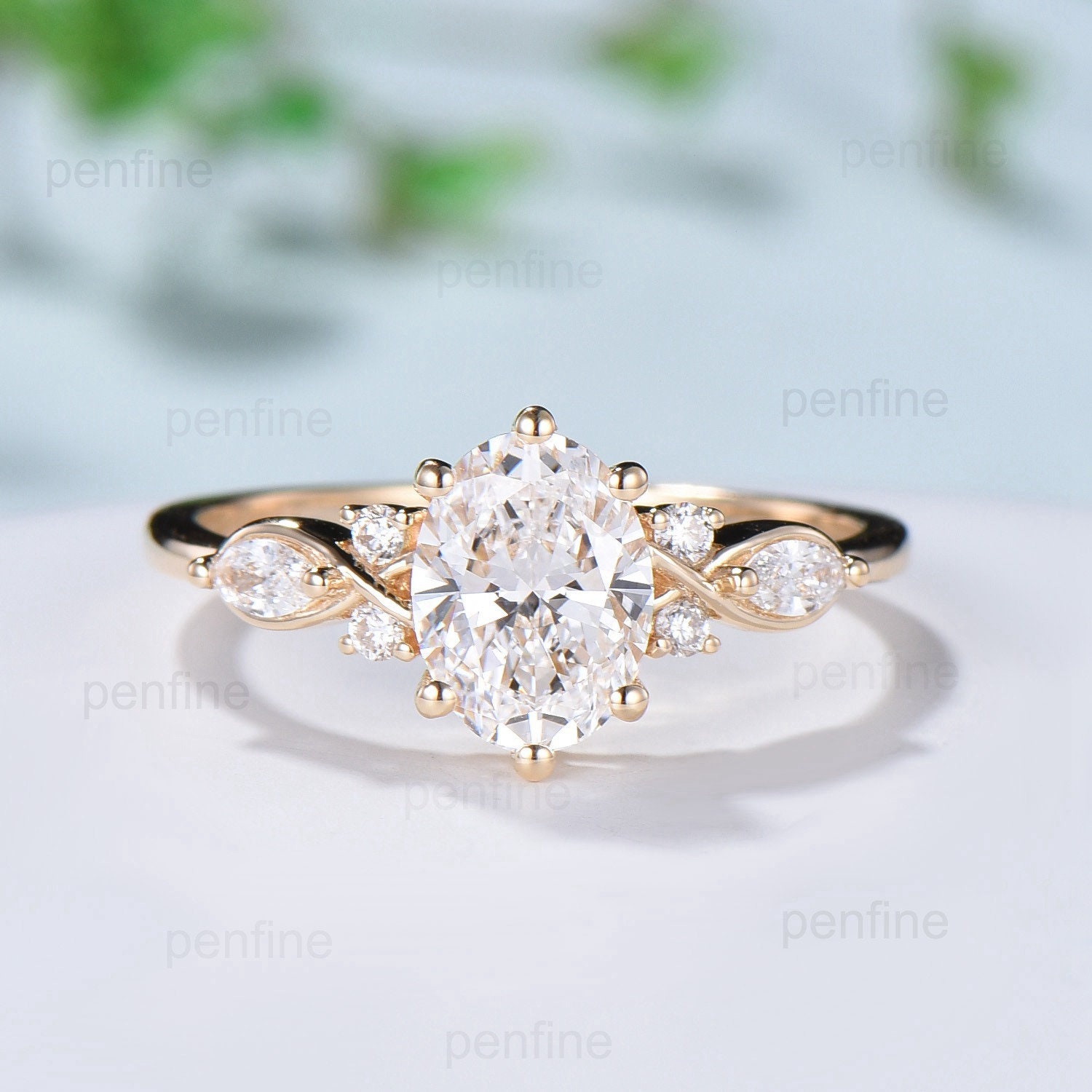 Vintage Oval Cut Moissanite engagement ring VS-D flawless moissanite ring for women 14K Yellow Gold marquise diamond moissanite wedding Ring