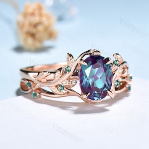 Nature Inspired Leaf alexandrite ring set color changing twig engagement ring cluster emerald leaves wedding ring set for women Branch ring