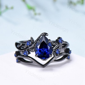 Nature Inspired Leaf sapphire ring set black gold branch twig sapphire engagement ring women unique Sep birthstone wedding set for women