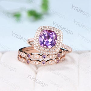 Cushion Amethyst diamond wedding ring set rose gold vintage antique engagement ring set double halo bridal set for women anniversary gift