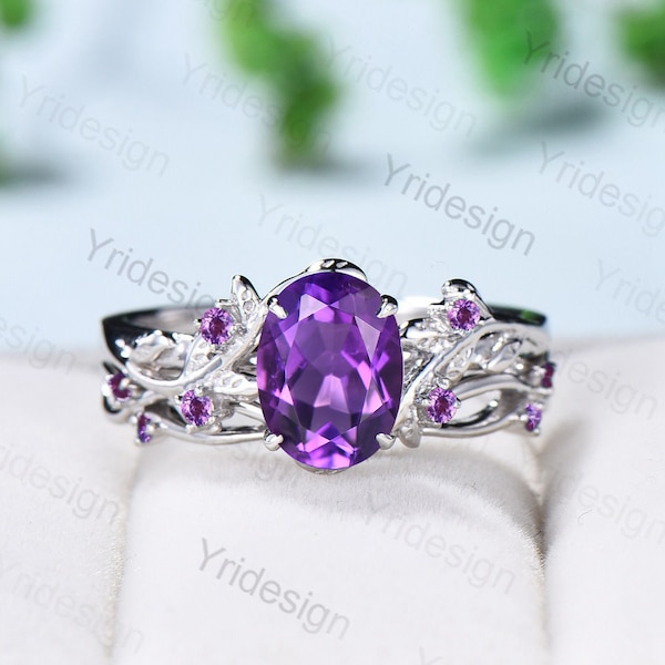 Nature Inspired amethyst ring set cluster rose gold purple amethyst engagement ring vintage unique Leaf crystal wedding ring set for women