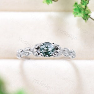 Dainty moss agate engagement ring Green aquatic Agate silver wedding ring women Vintage white gold moissanite bridal ring anniversary gift
