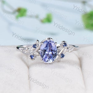 Elegant Blue Tanzanite Ring Vintage Unique Twig Engagement Ring Leaf Cluster Wedding Ring Women Nature inspired Branch Ring Proposal Gift