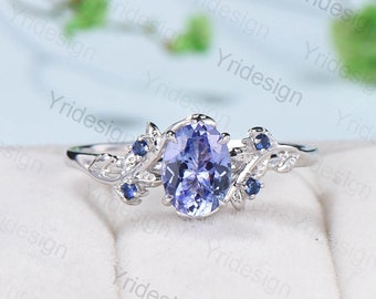 Elegant Blue Tanzanite Ring Vintage Unique Twig Engagement Ring Leaf Cluster Wedding Ring Women Nature inspired Branch Ring Proposal Gift