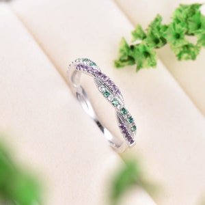 Natural emerald wedding ring amethyst ring aquamarine wedding band half eternity stacking matching band 14k white gold custom jewelry gift