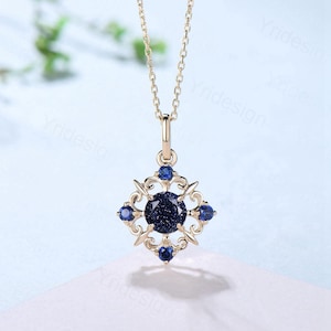 Vintage Magic Blue Sandstone Necklace Unique Nature Halo Blue  Sapphire Pendant  Silver 14K/18K Yellow Gold Necklace For Women Birthday Gift