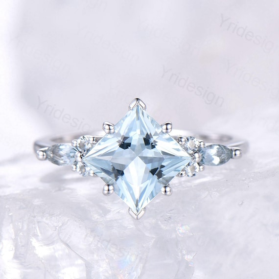 Vintage Princess Cut Natural Aquamarine Engagement Ring Set