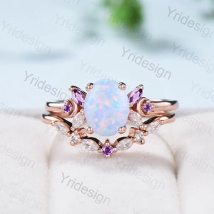 Luckyshine Crown Style Pink Fire Opal & Amethyst Ring – Rose Gold Plated Copper, Sizes 7-10