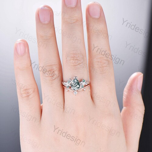 Pear Shaped Moss Agate Engagement Ring Set Natural Inspired Branch Twig shops Emerald Wedding Set Women Unique Leaf green crystal promise ring