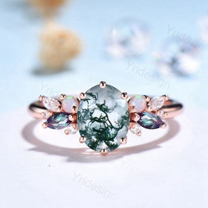 Unique Moss Agate Engagement Ring Women Alternative Alexandrite Opal Wedding Ring Vintage Nature Inspired Cluster Moissanite Promise Ring