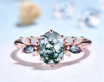 Anel de noivado exclusivo de ágata musgoso, alternativo, opala de alexandrite, anel de casamento vintage inspirado na natureza, anel de promessa de moissanite