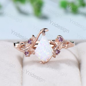 Vintage kite cut opal amethyst engagement ring natural inspired fire opal engagement ring rose gold art deco leaves branch wedding ring
