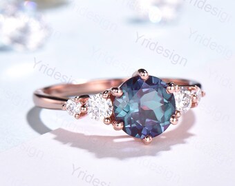 Vintage Alexandrite Ring Unique Five Stone Moissanite Engagement Ring For Women Rose Gold Art Deco June Birthstone Jewelry Anniversary Gift