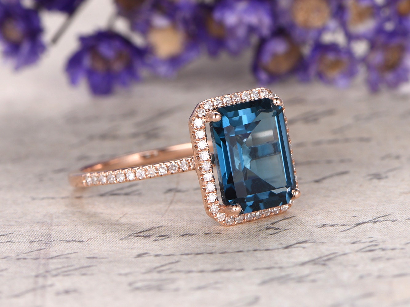 London Blue Topaz Engagement Ring With Diamond solid 14k Rose - Etsy