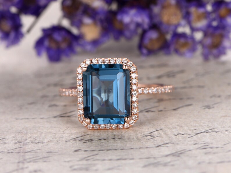 London Blue Topaz Engagement Ring With Diamond solid 14k Rose - Etsy