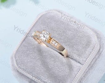 Unique Moissanite Engagement Ring Rose Gold Art Deco Promise