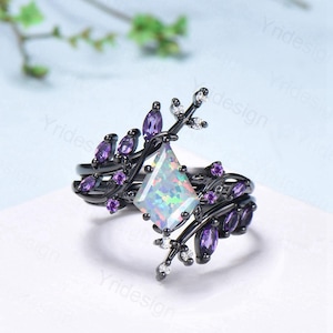 Unique Cage Leafy White Opal Wedding Ring Set Nature Inspired Kite Fire Opal Engagement Ring Black Gold Knight Bridal Set Anniversary Gift