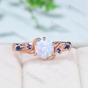 Twig Opal Engagement Ring Vintage White Opal Leaf Vine Unique Nature Inspired Rose Gold Bridal Ring Branch Sapphire Wedding Ring for Women