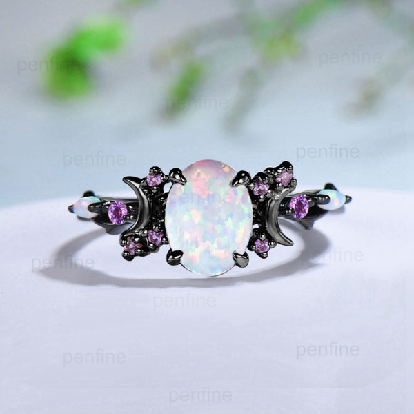 Unique Black Gold Oval Opal Engagement Ring Vintage Opal Moon Engagement Ring Branch Cluster Amethyst Wedding Ring Promise Gift For Women
