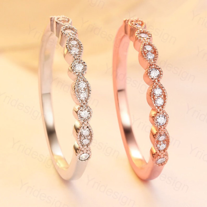 Half Eternity Wedding Band Anniversary Ring 925 Sterling Silver Stacking Ring Art Deco Matching Band Diamond Simulant WhiteRose Gold Ring