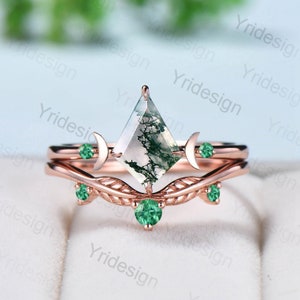 Vintage kite shaped moss agate engagement ring set rose gold Unique moon wedding ring for women band green crystal emerald promise ring