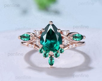 1.25CT Lab Emerald Wedding Ring Set Teardrop Emerald Engagement Ring Set Unique 14k Rose Gold Floral Marquise May Birthstone Bridal Set