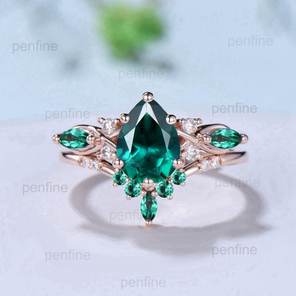 1.25CT Lab Emerald Wedding Ring Set Teardrop Emerald Engagement Ring Set Unique 14k Rose Gold Floral Marquise May Birthstone Bridal Set