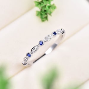 Blue Sapphire Diamond Wedding Band Rose White Gold 14k 18k Half Eternity Ring Anniversary Ring Matching Band Art Deco Milgrain Marquise Gift