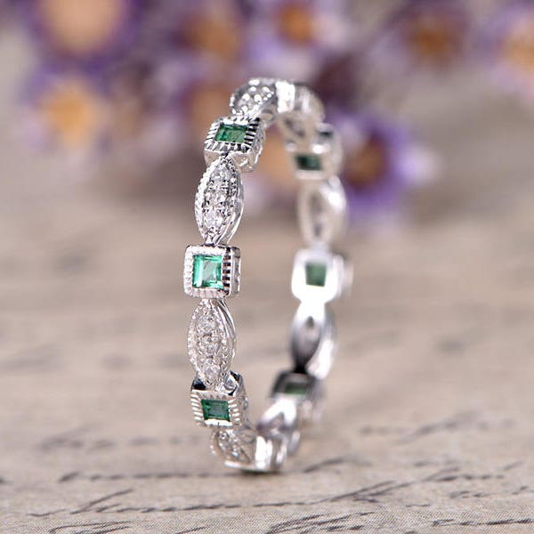 Natural Emerald wedding ring diamond engagement ring 14k White gold ring,stack matching band,anniversary ring,princess cut emerald ring