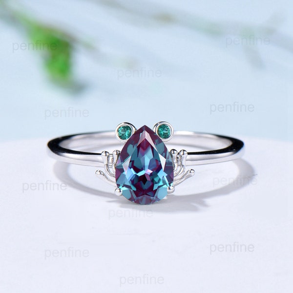 Nature Inspired Alexandrite Engagement Ring Vintage Unique Pear Color Change Stone Frog Ring Dainty White Gold Wedding Ring Proposal Gifts