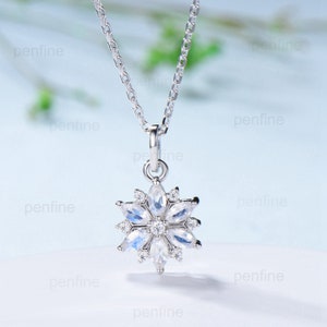 Vintage Snowflake Moonstone Pendant Necklace Unique Retro Marquise Moonstone  Necklace Floral Flower Pendant June Birthstone  Christmas gift