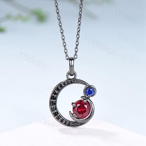 Unique Black Gold Ruby Necklace Magic Crescent Moon Ruby Sapphire Pendant Necklace Magic Crescent Moon Gothic Anniversary Gift for Daughter