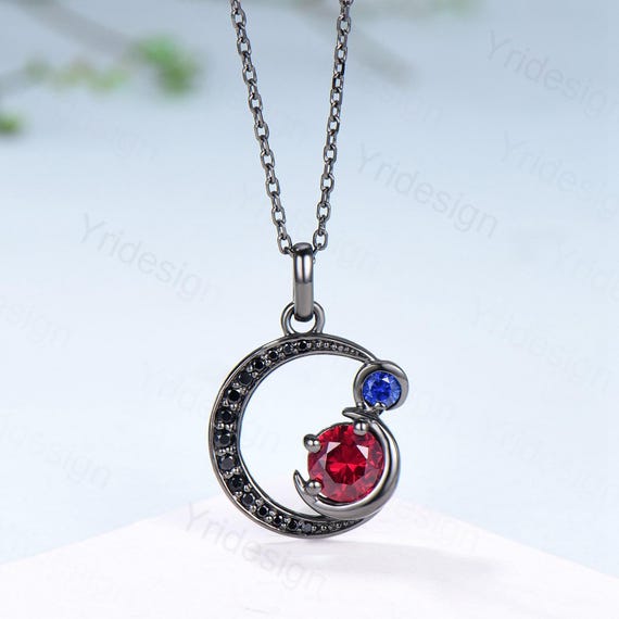 Unique Black Gold Ruby Necklace Magic Crescent Moon Ruby Sapphire