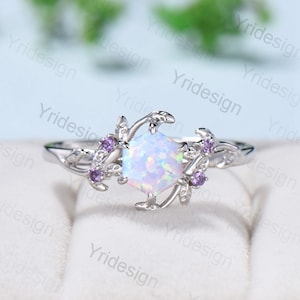 Elegant White Opal Ring Vintage Unique Twig Engagement Ring Leaf Cluster Amethyst Wedding Band Silver White Gold Nature inspired Branch Ring