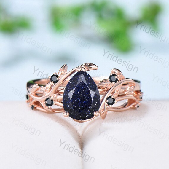 Nature Inspired Blue Goldstone Engagement Ring Set Cluster Spinel