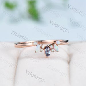 Vintage Curved Wedding Ring Women Marquise Alexandrite Stacking Band Rose Gold  Fire Opal Anniversary Ring Art Deco Promise Ring For Her