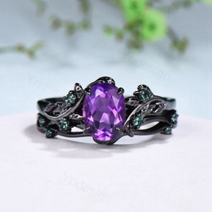 Unique black gold amethyst ring set Nature Inspired purple amethyst engagement ring vintage cluster emerald Leaf wedding ring set for women